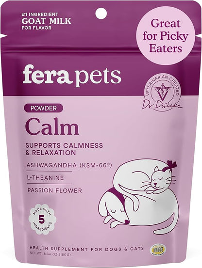Fera Pets Goat Milk - Calming Supplement for Dogs & Cats - Ashwagandha, L-Theanine, & Passion Flower - Supports Anxiety Relief & Relaxation - for Picky Eaters - 60 TSP