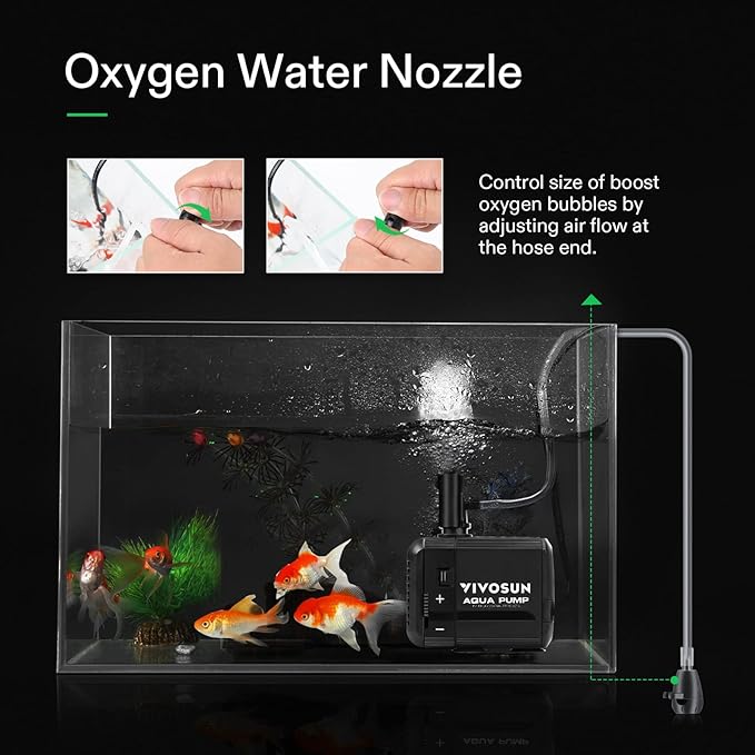 VIVOSUN 210GPH Submersible Pump(800L/H, 8W), Ultra Quiet Water Pump with 3.3ft High Lift, with 5ft Power Cord, 2 Nozzles for Fish Tank, Pond, Aquarium, Statuary, Hydroponics Black