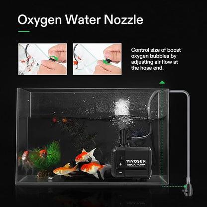 VIVOSUN 210GPH Submersible Pump(800L/H, 8W), Ultra Quiet Water Pump with 3.3ft High Lift, with 5ft Power Cord, 2 Nozzles for Fish Tank, Pond, Aquarium, Statuary, Hydroponics Black