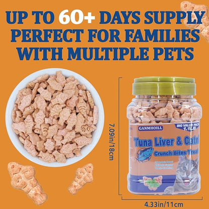 1.1 lb/500g Cat Grass Treats for Indoor Cats - 17.6 oz Natural Tuna Flavor, Healthy Snacks for All Life Stages, Crunchy Training Biscuits with Dental Care & Hairball Control