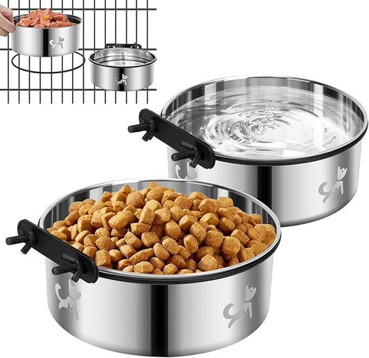 Dog Crate Water Bowl No Spill, Dog Crate Bowls Hanging 2 Pack, Kennel Water Bowl Mountable, Stainless Steel Coop Cup, Pet Cage Accessories, Food Dish Feeder for Cat Puppy Rabbit Bunny Bird Ferret