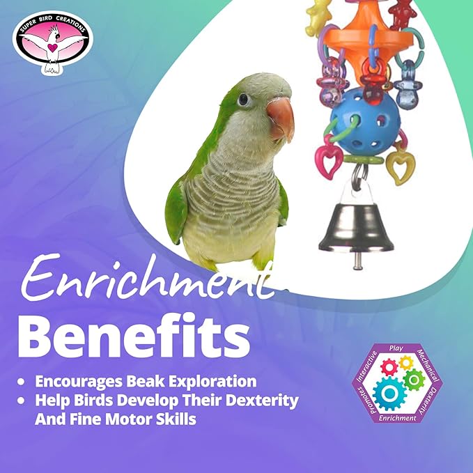 Super Bird Creations SB1083 Binky Bop Bird Toy - Engaging Enrichment Toy for Parrotlets, Parakeets, Cockatiels Toys, Small Plastic Bird Toys with Charms, Ideal for Medium Bird Size, 7.5" x 1.5"