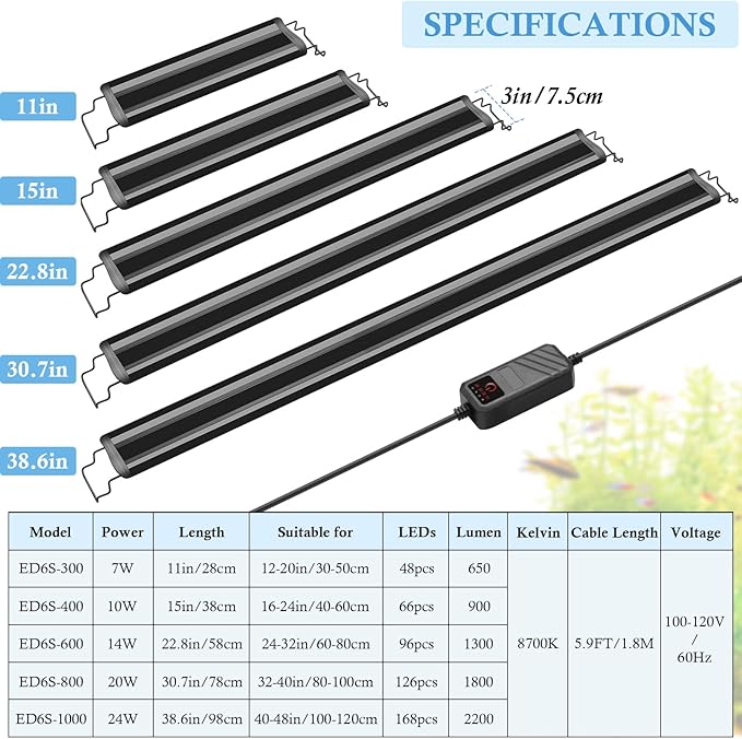 FEDOUR Aquarium LED Light, Full Spectrum Aquarium Plant Light with Timer, Extendable Metal Brackets, for Fish and Plant Tank (12-20 inch)