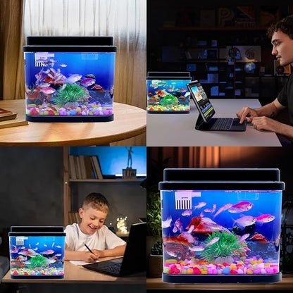 Mini Fish Tank Small Aquarium 1 Gallon Fish Bowl 6 Color Auto-Looping Light 3 in 1 Quiet Pump with Filteration & Oxygenation & Circulation,Submarine Background,Thickened Base