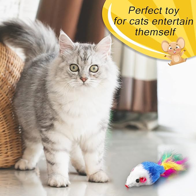 Syhood 120 Pcs Fur Mice Cat Toys Catnip Mouse Toys with Rattle Sound for Cats Mini Mice for Indoor Pets Kitten Interactive Play Assorted Color