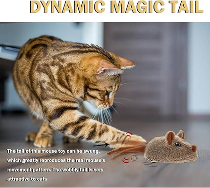Cat Toys Squeaky Rechargeable Moving Mouse with Dynamic Magic Tail, Automatic Self Play Mouse Interactive Cat Toy for Indoor Cats, Kitten's Electric Multi-Mode Activated Mouse Toy (Brown)