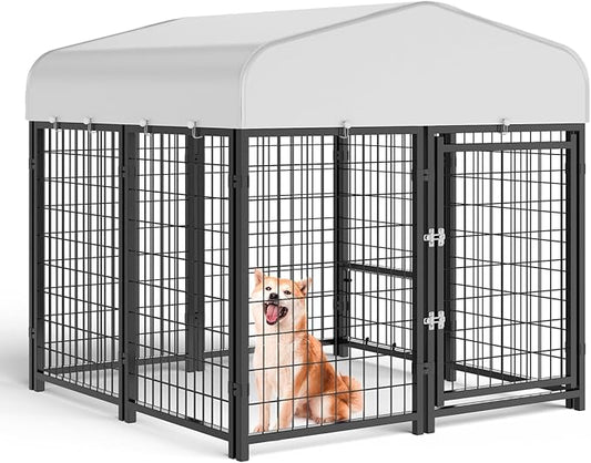 Sino Luban Outdoor Dog Kennel Outside Run with Doggy Door&Waterproof Roof - 4x4x4.5FT Large Dog Kennels Pens Outside for Small/Medium Dogs - Heavy Duty Cage Yard (Can Connect to Your Dog House)