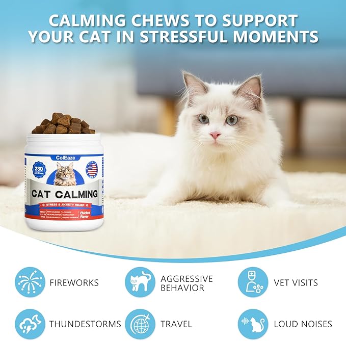 Calming Chews for Cats 230ct, Cat Calming Treats - Cat Anxiety Relief, Helps Reduce Stress & Promotes Relaxation for Travel, Boarding, Vet Visits, Separation Anxiety, Prevent Bites - Chicken Flavor