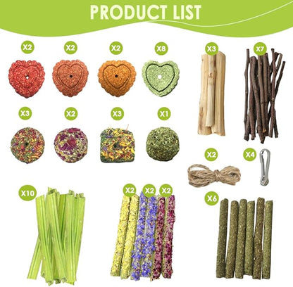 60pcs DIY Rabbit Toys for Bunnies Boredom,Rabbit Toy for Bunnies Boredom Bunny Toys for Teeth, Timothy Stick, Apple Sticks, Sweet Bamboo, for Guinea Pig, Hamster, Chinchilla, Rat, Small Animals