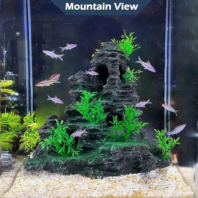 Aquarium Decoration Large and Tall for Fish Tank Rock Thematic Ornaments Aquarium Mountain View Stone Ornaments Aquarium Decor Tree House Cave Fish Tank Decorations - Large