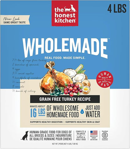 The Honest Kitchen Human Grade Wholemade™ Dehydrated Grain Free Turkey Dog Food - Complete & Balanced Meal or Topper 4 lb Box