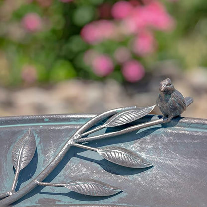 Zaer Ltd. Deep Well Made Metal Birdbath with 2 Cast Iron Birds and Leaf Decoration (Bronze)