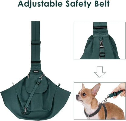 Lukovee Pet Sling, Hand Free Dog Sling Carrier Adjustable Padded Strap Tote Bag, Shoulder Bag with Safety Belt & Front Pocket for Small Dog Cat Puppy (Green,S)