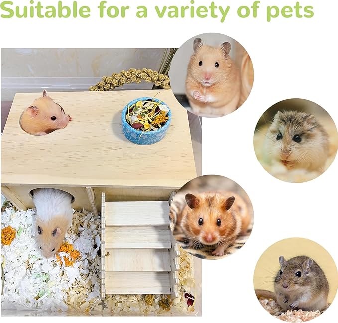 Wooden Hamster Hideout,Hamster House with Ceramic Bowl & Ladder,Small Pets Multi-Chamber Explore Hide Hut Habitats Decor Accessories for Rat,Gerbils, Dwarf Hamsters, Mice