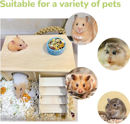 Wooden Hamster Hideout,Hamster House with Ceramic Bowl & Ladder,Small Pets Multi-Chamber Explore Hide Hut Habitats Decor Accessories for Rat,Gerbils, Dwarf Hamsters, Mice