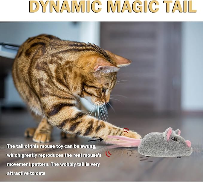 Cat Toys Squeaky Rechargeable Moving Mouse with Dynamic Magic Tail, Automatic Self Play Mouse Interactive Cat Toy for Indoor Cats, Electric Motion Activated Mice Toys for Kitten(Gray)