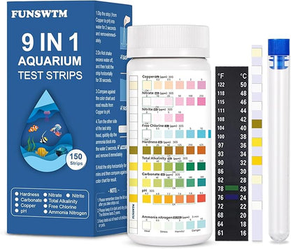Aquarium Test Strips for Fish Tank: 9 in 1 Aquarium Water Test Kit for Freshwater - 150ct Fish Test Strips Testing Ammonia pH Nitrate Chlorine Nitrite Hardness Alkalinity Copper