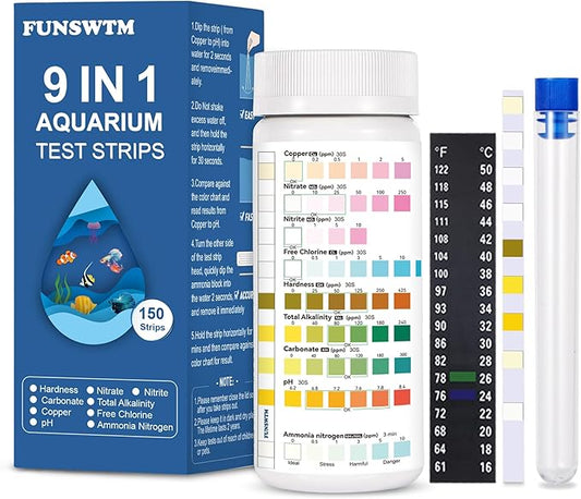Aquarium Test Strips for Fish Tank: 9 in 1 Aquarium Water Test Kit for Freshwater - 150ct Fish Test Strips Testing Ammonia pH Nitrate Chlorine Nitrite Hardness Alkalinity Copper