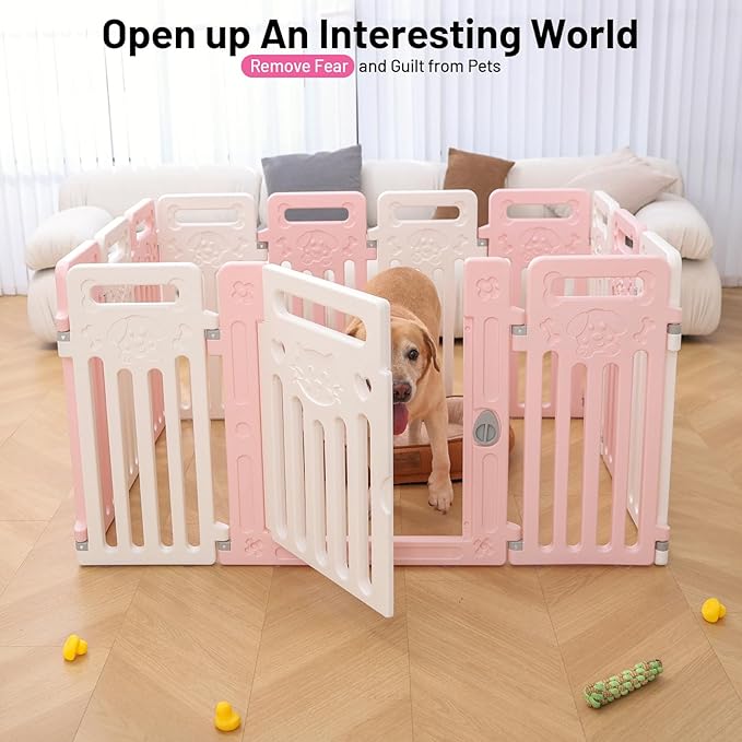 Dog Playpen Fence Clear Pet Puppy Foldable Kennel for Small Dogs Plastic Puppy Enclosure for Cat Rabbit Indoor Whelping Box for Dogs with Gate (Pink + White, 12 Panels+1 Door)