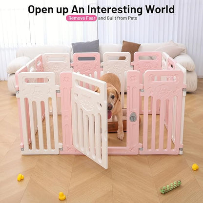 Dog Playpen Fence Clear Pet Puppy Foldable Kennel for Small Dogs Plastic Puppy Enclosure for Cat Rabbit Indoor Whelping Box for Dogs with Gate (Pink + White, 12 Panels+1 Door)