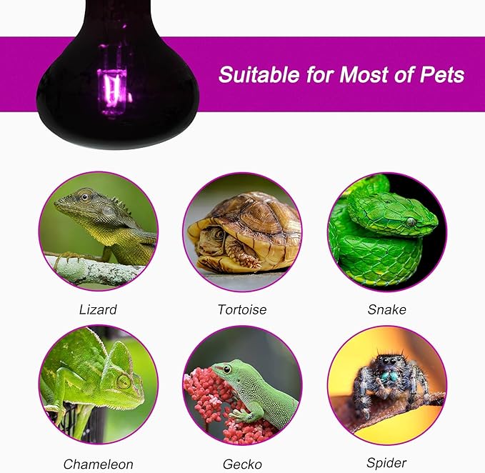 WUHOSTAM 100W Reptile UVA Infrared Moonlight Night Heat Lamp,Basking Spot Bulb Black Glass Cover for Lizard, Chameleon, Snake, Aquarium Reptile, Amphibian,2 Pack