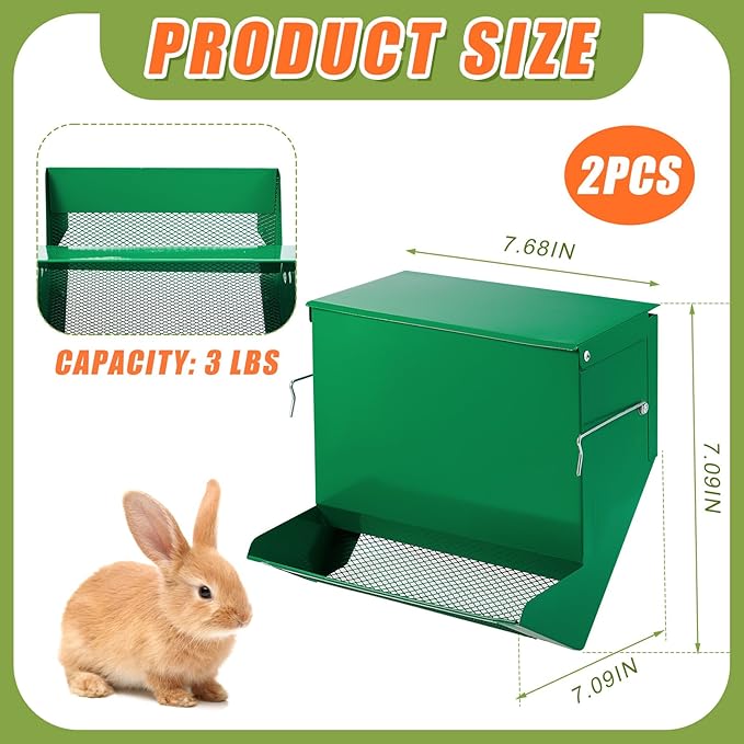 Maxcheck 2 Pcs Rabbit Feeder for Cages Small Animal Food Dispenser with Lid Metal Chicken Grit Oyster Shell Feeders Outside(7.7 Inches,Mesh Bottom,Green)