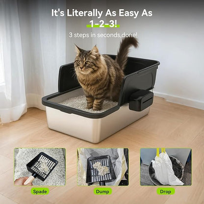 Cordless Cat Water Fountain Stainless Steel+ Litter Box Set, 4L Automatic Wireless Pet Water Dispenser with 20pack Filter + Cat Litter Box Sets for Multi Pet Family
