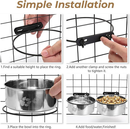 2-in-1 Dog Crate Water Food Bowl No Spill,2 Pack Hanging Dog Bowls for Kennel,Dogs Crate Water Feeder Dish,Stainless Steel Kennel Dogs Bowls Mountable with Non-Slip Bottom for Cats Bunny Ferret Bird