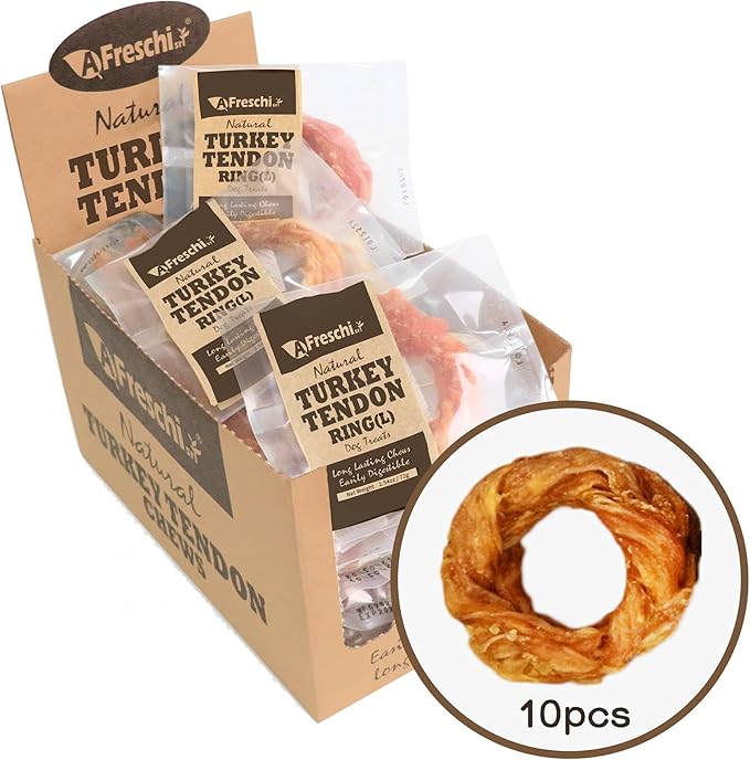 AFreschi Natural Turkey Tendon Ring (L) 10 Units/Box, Dog Treats for Signature Series, All Natural Human Grade Puppy Chew, USA-Sourced Turkey Tendon, Hypoallergenic, Rawhide Alternative