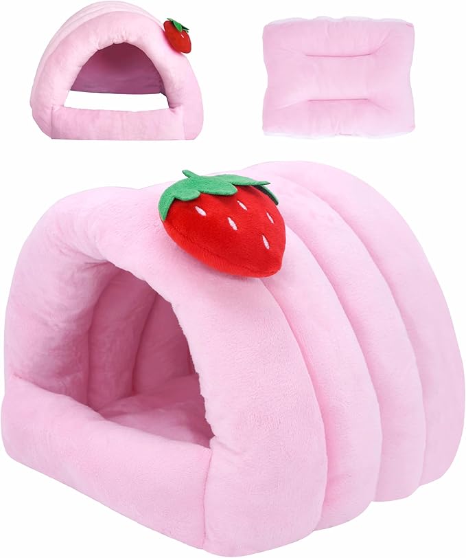 3 in 1 Guinea Pig Hideout Detachable, Warm Fleece Guinea Pig Bed Washable, Multipurpose Small Animal House Bed for Rabbit, Ferret, Hedgehog, Rat and Chinchilla Cage Accessories (Large, Pink)