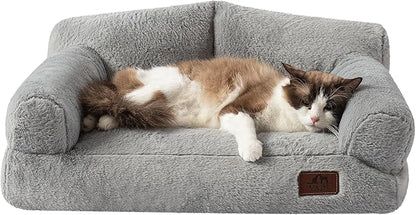 Hollypet Fluffy Plush Pet Cat Couch Soft Calming Pet Sofa Bed for Medium Small Cats and Dogs, Silver Gray
