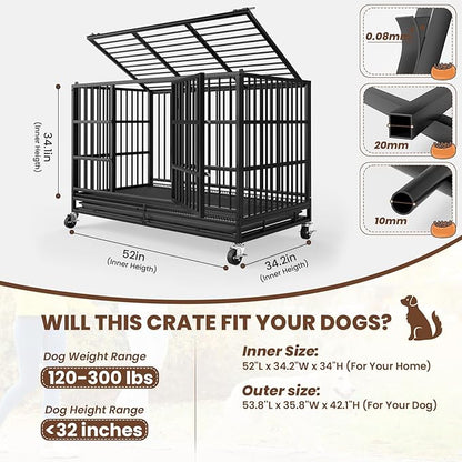 LEVELEVE 54 Inch Heavy Duty Indestructible Dog Crates for Large Dogs，Escape Proof Dog Cage Large Dogs with Lockable Wheels，Dog Kennel Furniture Indoor&Outside