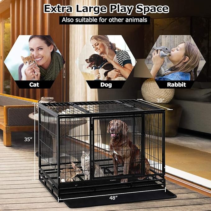 Dog Crate Cage for Large Dogs Heavy Duty 48 Inches Dog Kennel Pet Playpen for Training Indoor Outdoor with Plastic Tray Double Doors & Locks Design