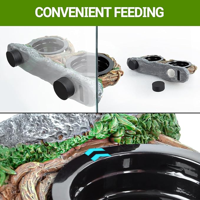 REPTI ZOO Magnetic Reptile Feeding Ledge, Gecko Feeder Ledge with 4PCS Cups, Hollow Vine Food Dish, Reptile Water Bowl for Bearded Dragon Lizard Snake, Reptile Terrarium Tank Accessories