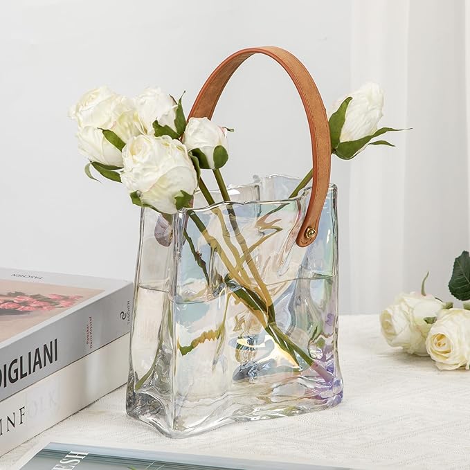 Glass Purse Vase for Flowers Iridescent Vases for Centerpieces Glass Bag Vase with Leather Handle Small Handbag Vases for Decor Decorative Fish Bowl for Home Wedding Decor