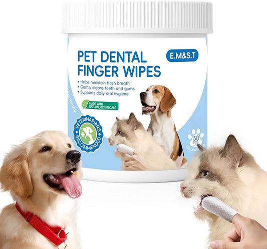 Dog Dental Finger Wipes, Teeth Cleaning Wipes for Dogs & Cats, Remove Plaque Tartar Stains, Freshen Breath, No-Rinse Toothbrush Alternative, Cat Dental Care Formula, Toothbrush-Like Texture, 50 Count