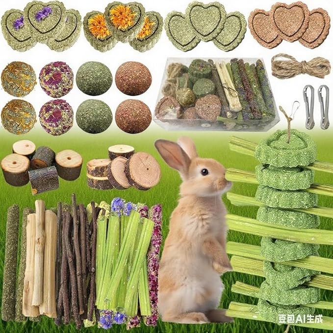 68pcs DIY Rabbit Chew Toys,Rabbit Toy for Bunnies Boredom Bunny Toys for Teeth, Timothy Stick, Apple Sticks, Sweet Bamboo, for Guinea Pig, Hamster, Chinchilla, Rat, Small Animals