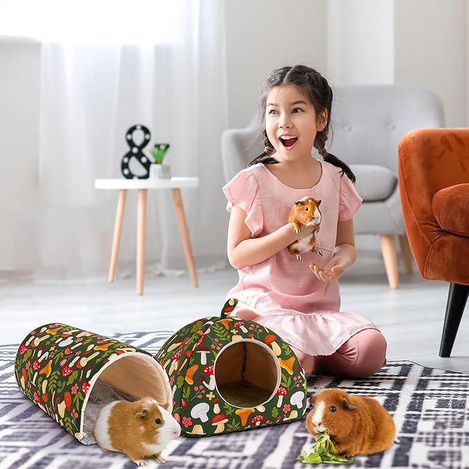Bienbee Guinea Pig Hideout, Washable Rabbit Bed with Guinea Pig Tunnel, 2 Pack Guinea Pigs Toys Set Bunny Hideout Cage Accessories for Hamster Ferret Rabbits Bunny, Green Mushroom