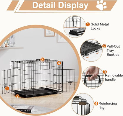 FDW 24inch Dog Crate Pet Cage with Metal Folding Design Plastic Tray Indoor Outdoor Dog Kennel Cage for Small Dogs,Black