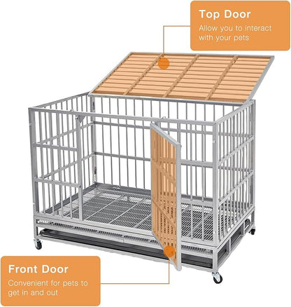 48 Inch Heavy Duty Dog Crate Cage Kennel with Wheels, Indestructible High Anxiety Dog Crate, Sturdy Locks Design, Double Door and Removable Tray Design, Extra Large XL XXL Dog Crate