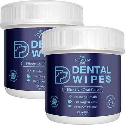 NOVEHA 100PCs Pets Dental Finger Wipes for Dogs & Cats | Freshens Breath, Reduces Plaque | Healthier Gums | Clean Teeth No Toothbrush | Vet Recommended Effective Natural Oral Care | Flavor-Free