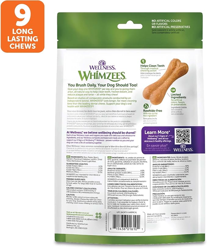 Wellness WHIMZEES Ricebone Dog Dental Treats, Natural Chews, Large Size, (9 Count)