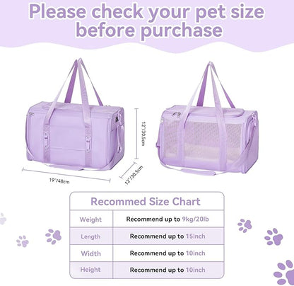 PETSFIT Soft-Sided Cat Carriers & Car Seats with Patent Safe Buckles, Clip-On Harness，19"x12"x12" Pet Travel Carrier - 20 lbs Capacity (Purple)