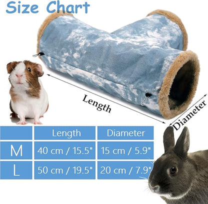 LeerKing Guinea Pig Tunnel 3 Way, Small Animal Hideout Toy Washable Canvas Fleece Tube Play Tunnel for Rats Ferret Bunny Gerbil Sugar Glider Chinchilla, Blue