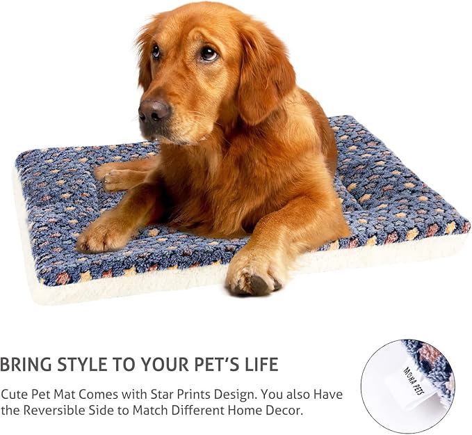 Mora Pets Dog Bed Crate Pad Ultra Soft Pet Bed with Cute Star Print Washable Crate Mat for Large Medium Small Dogs Reversible Fleece Dog Crate Kennel Mat Cat Bed Liner 41 x 29 inch Dark Blue