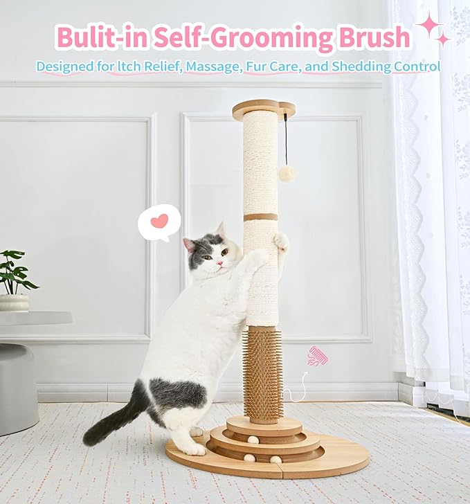 Made4Pets Cat Scratching Post Premium Sisal Cat Scratcher Kitten Toys for Indoor Kittens 33.6" Tall Cat Tower Scratch Post Cat Tree Wooden Interactive Ball Track Cat Toy with Hanging Ball, Beige