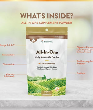 NaturVet All-in-One Dog Supplement - for Joint Support, Digestion, Skin, Coat Care – Dog Multivitamins with Minerals, Omega-3, 6, 9 – Wheat-Free Vitamins for Dogs – 13-Ounce Powder