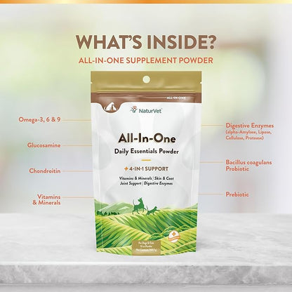 NaturVet All-in-One Dog Supplement - for Joint Support, Digestion, Skin, Coat Care – Dog Multivitamins with Minerals, Omega-3, 6, 9 – Wheat-Free Vitamins for Dogs – 13-Ounce Powder