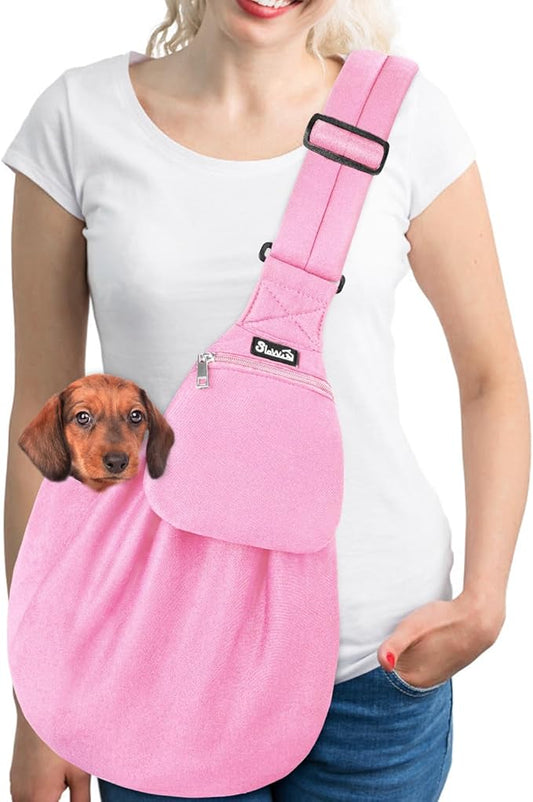 Lukovee Pet Sling, Hand Free Dog Sling Carrier Adjustable Padded Strap Tote Bag, Shoulder Bag with Safety Belt & Front Pocket for Small Dog Cat Puppy (Pink-WY,L)