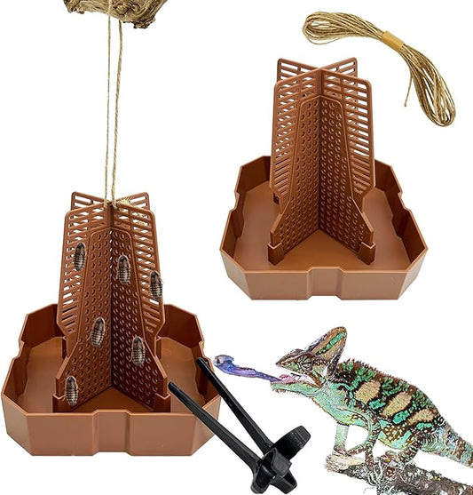 2 PCS Chameleon Feeding Bowl Hanging Bearded Dragon Feeder Bug Bowls with Rope and Tweezers Mounted Insect Reptile Feeder Box for Lizard Gecko Frog (Brown,Large)